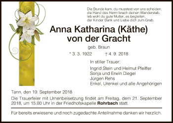 Traueranzeige von Anna Katharina von der Gracht von Hersfeld