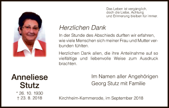 Traueranzeige von Anneliese Stutz von Hersfeld