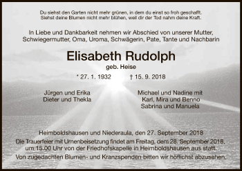 Traueranzeige von Elisabeth Rudolph von Hersfeld