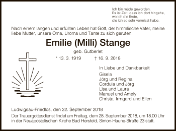 Traueranzeige von Emilie Milli Stange von Hersfeld