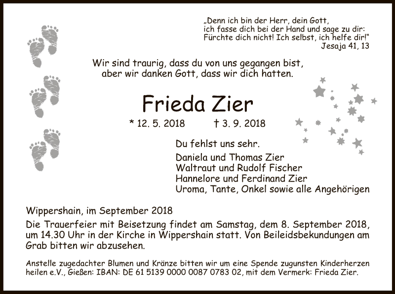  Traueranzeige für Frieda Zier vom 07.09.2018 aus Hersfeld