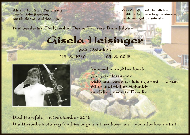  Traueranzeige für Gisela Heisinger vom 15.09.2018 aus Hersfeld