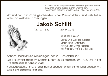 Traueranzeige von Jakob Schlitt von Hersfeld