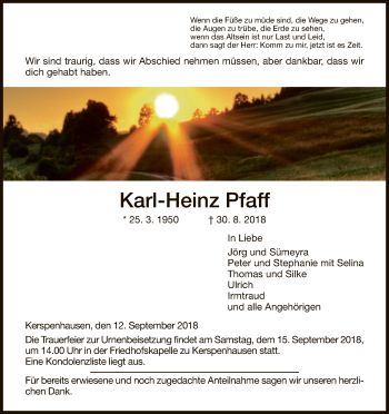 Traueranzeige von Karl-Heinz Pfaff von Hersfeld