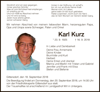 Traueranzeige von Karl Kurz von Hersfeld