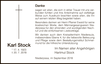 Traueranzeige von Karl Stock von Hersfeld