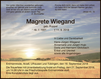 Traueranzeige von Magrete Wiegand von Hersfeld