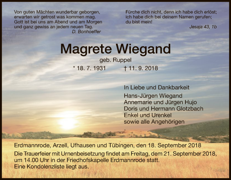  Traueranzeige für Magrete Wiegand vom 18.09.2018 aus Hersfeld