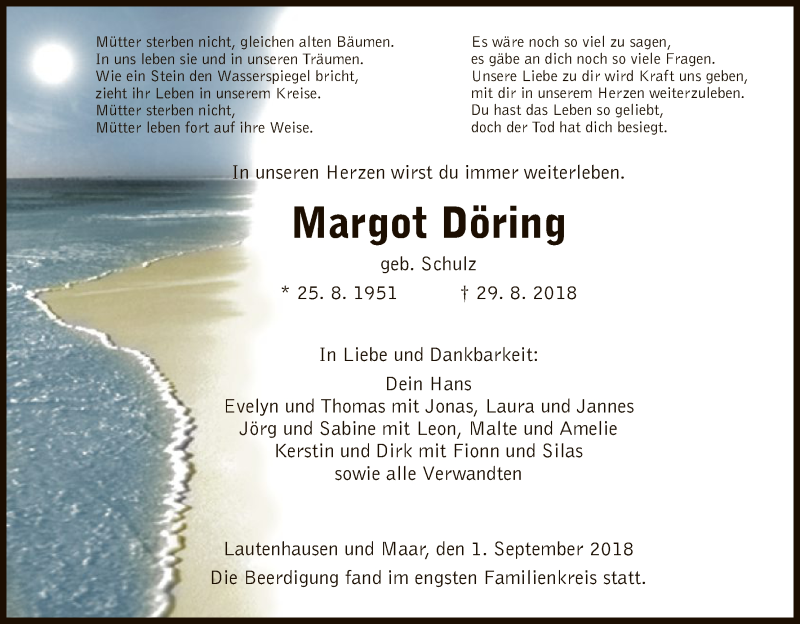  Traueranzeige für Margot Döring vom 01.09.2018 aus Hersfeld