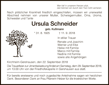 Traueranzeige von Ursula Schneider von Hersfeld