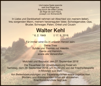 Traueranzeige von Walter Kehl von Hersfeld