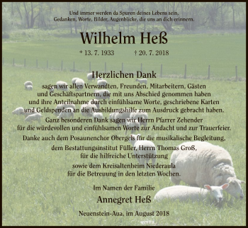 Traueranzeige von Wilhelm Heß von Hersfeld