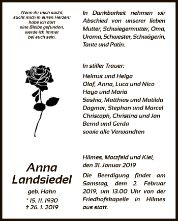 Traueranzeige von Anna Landsiedel von Hersfeld