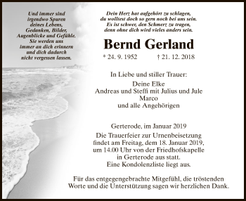 Traueranzeige von Bernd Gerland von Hersfeld