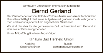 Traueranzeige von Bernd Gerland von Hersfeld