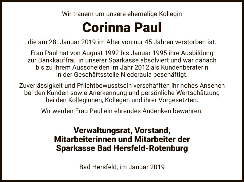  Traueranzeige für Corinna Paul vom 30.01.2019 aus Hersfeld