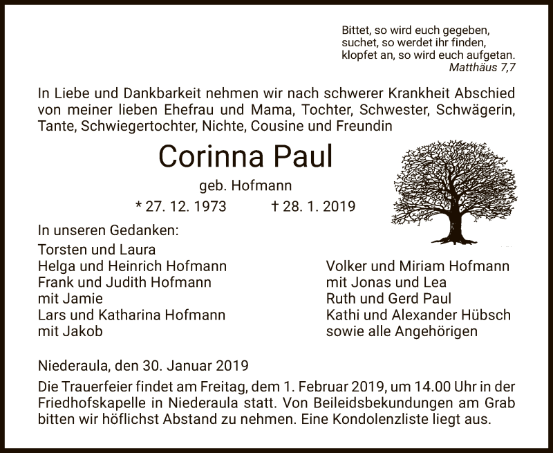 Traueranzeige für Corinna Paul vom 30.01.2019 aus Hersfeld