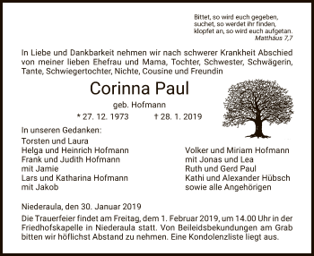 Traueranzeige von Corinna Paul von Hersfeld