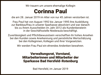 Traueranzeige von Corinna Paul von Hersfeld