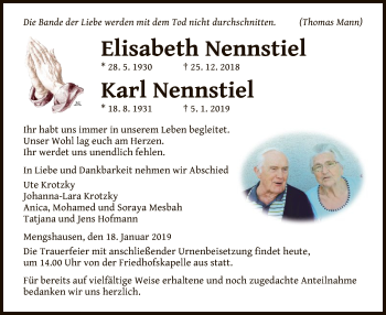 Traueranzeige von Elisabeth und Karl Nennstiel von Hersfeld