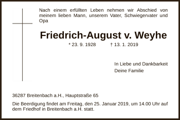 Traueranzeige von Friedrich-August v. Weyhe von Hersfeld