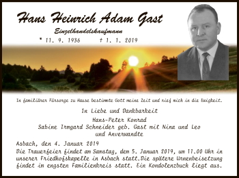 Traueranzeige von Hans Heinrich Adam Gast von Hersfeld