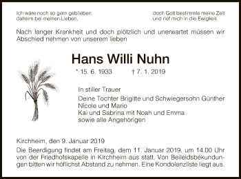 Traueranzeige von Hans Willi Nuhn von Hersfeld