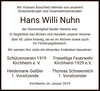 Traueranzeige von Hans Willi Nuhn von Hersfeld