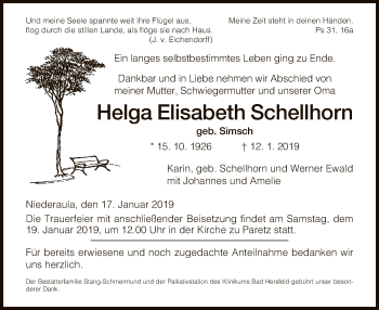 Traueranzeige von Helga Elisabeth Schellhorn von Hersfeld