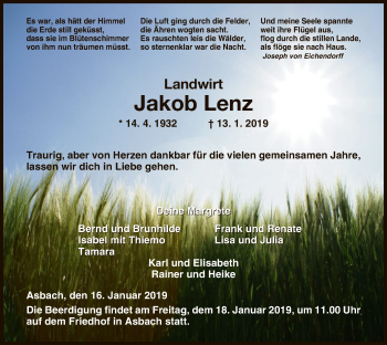Traueranzeige von Jakob Lenz von Hersfeld