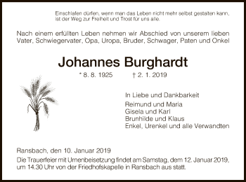 Traueranzeige von Johannes Burghardt von Hersfeld