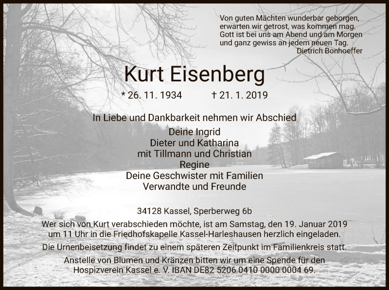 Traueranzeige für Kurt Eisenberg vom 15.01.2019 aus Hersfeld