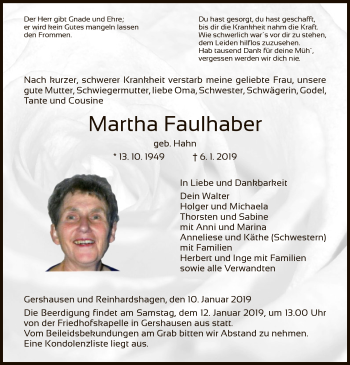 Traueranzeige von Martha Faulhaber von Hersfeld