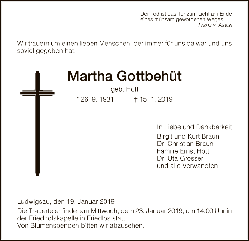  Traueranzeige für Martha Gottbehüt vom 19.01.2019 aus Hersfeld