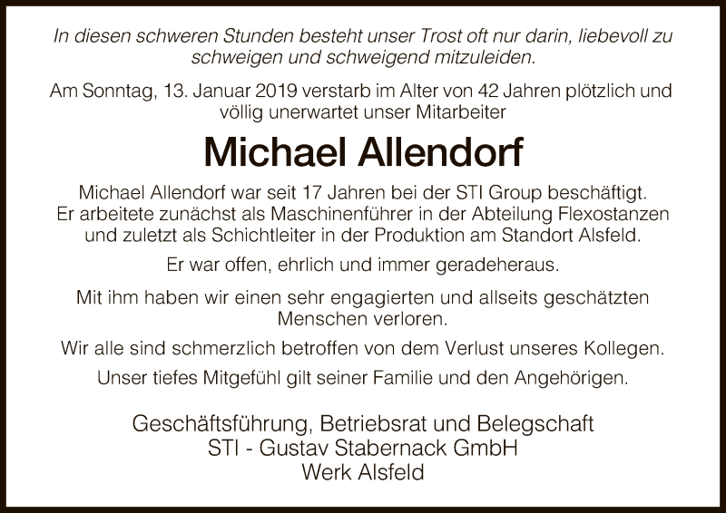  Traueranzeige für Michael Allendorf vom 18.01.2019 aus Hersfeld