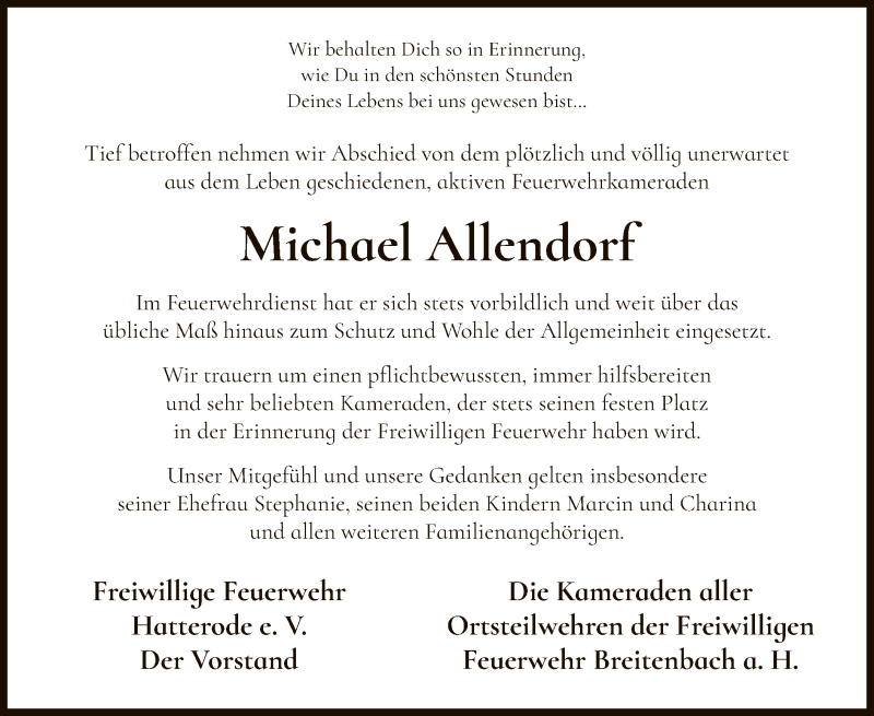  Traueranzeige für Michael Allendorf vom 18.01.2019 aus Hersfeld