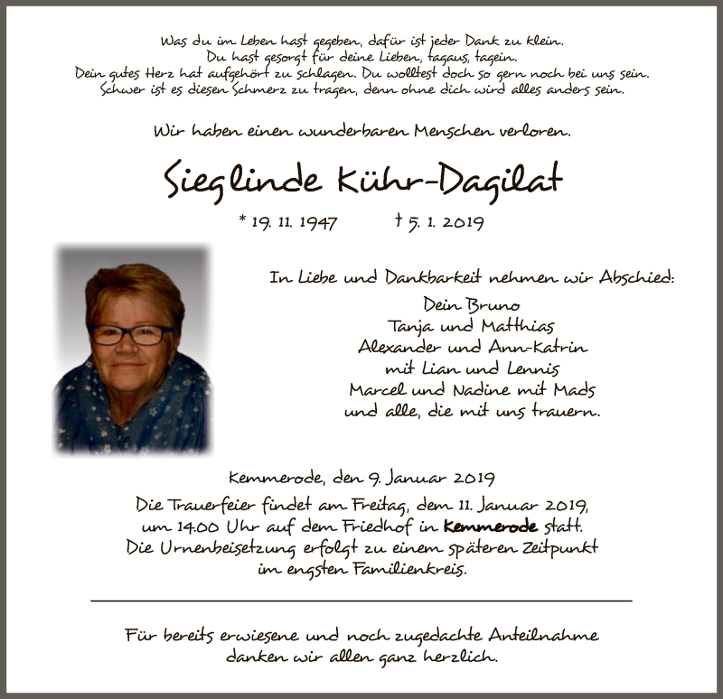  Traueranzeige für Sieglinde Kühr-Dagilat vom 09.01.2019 aus Hersfeld