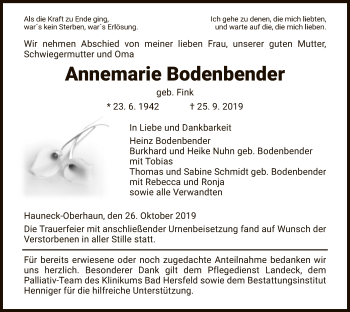 Traueranzeige von Annemarie Bodenbender von Hersfeld