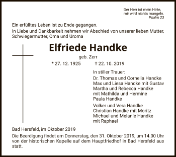 Traueranzeige von Elfriede Handke von Hersfeld