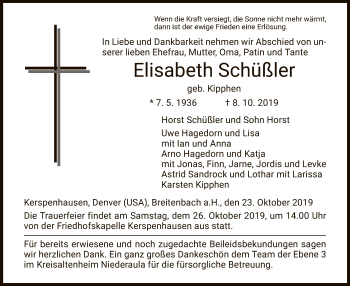 Traueranzeige von Elisabeth Schüßler von Hersfeld