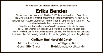 Traueranzeige von Erika Bender von Hersfeld