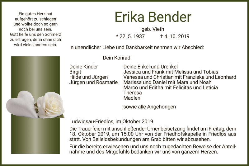  Traueranzeige für Erika Bender vom 12.10.2019 aus Hersfeld