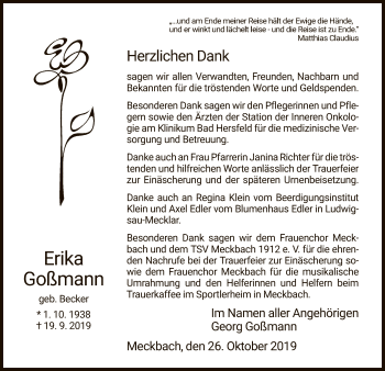 Traueranzeige von Erika Goßmann von Hersfeld