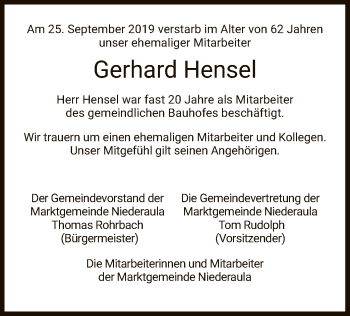 Traueranzeige von Gerhard Hensel von Hersfeld
