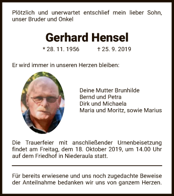 Traueranzeige von Gerhard Hensel von Hersfeld