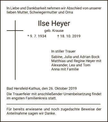 Traueranzeige von Ilse Heyer von Hersfeld