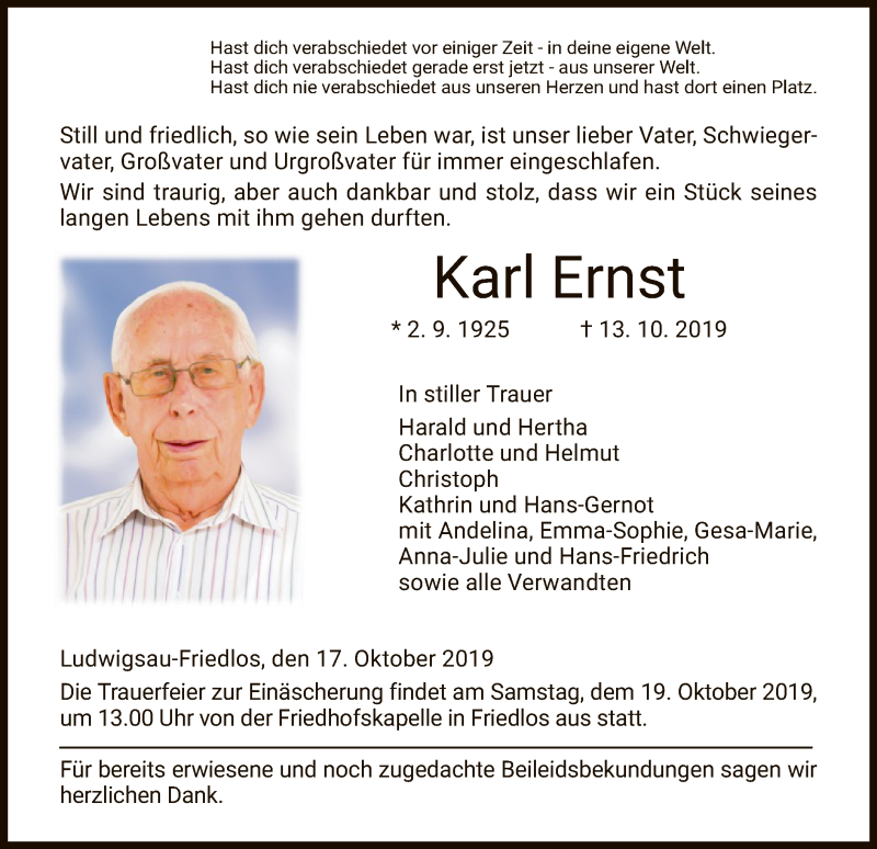  Traueranzeige für Karl Ernst vom 17.10.2019 aus Hersfeld