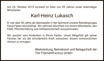 Traueranzeige von Karl-Heinz Lukasch von Hersfeld