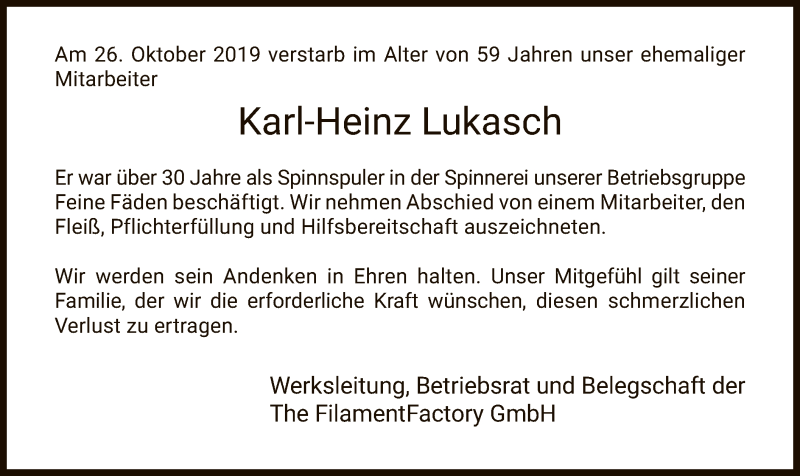  Traueranzeige für Karl-Heinz Lukasch vom 29.10.2019 aus Hersfeld