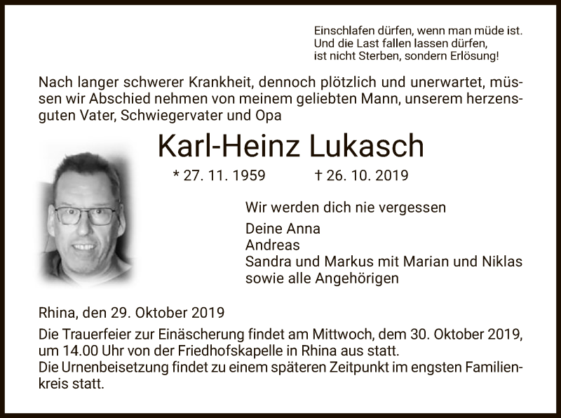  Traueranzeige für Karl-Heinz Lukasch vom 29.10.2019 aus Hersfeld